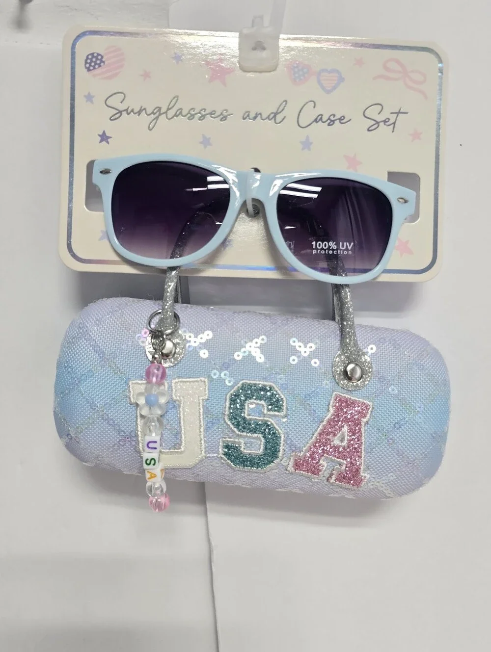 NWT Kids Sunglasses And Carrying Case Sequin Shimmer USA Logo